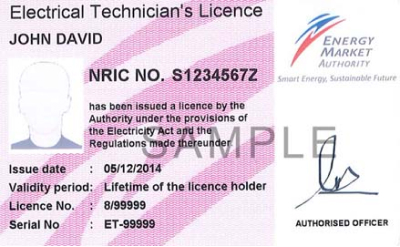 Photo of Electrical Technician's Licence issued by Energy Market Authority