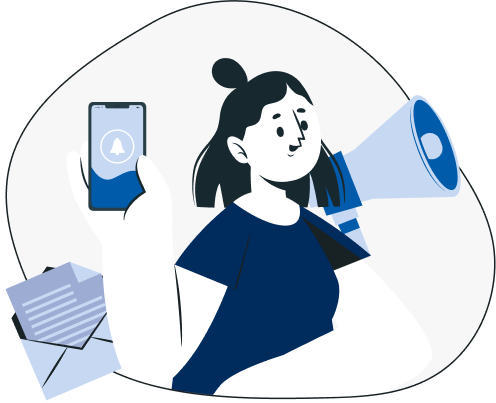 An illustration of a girl encouraging visitors to sign up for our mailing list to stay informed about website updates