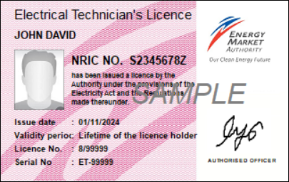 Photo of Electrical Technician's Licence issued by Energy Market Authority