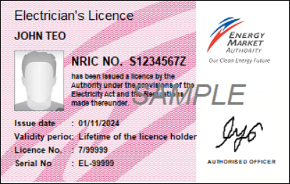 Photo of Electrician's Licence issued by Energy Market Authority