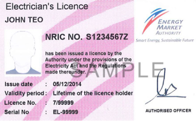 Photo of Electrician's Licence issued by Energy Market Authority