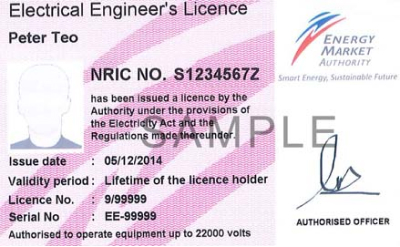 Photo of Electrical Engineer's Licence issued by Energy Market Authority